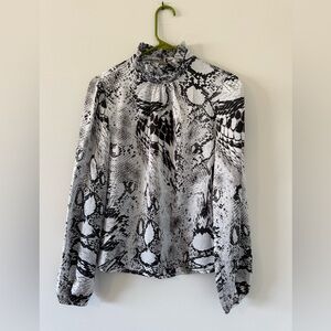 Snake Print High Neck Long Sleeve Top - Black & White